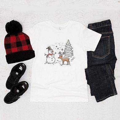 Deer Snowman Scene Youth Short Sleeve Graphic Tee
