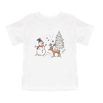 Deer Snowman Scene Youth Short Sleeve Graphic Tee