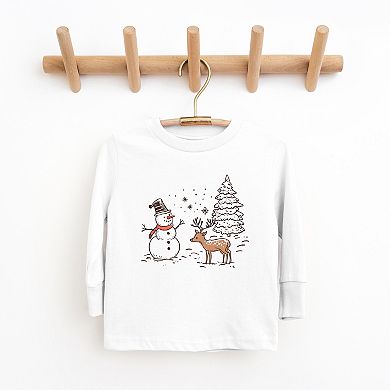 Deer Snowman Scene Youth Long Sleeve Graphic Tee