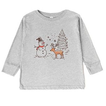 Deer Snowman Scene Youth Long Sleeve Graphic Tee