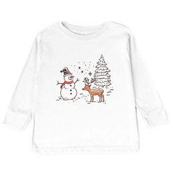 Deer Snowman Scene Youth Long Sleeve Graphic Tee
