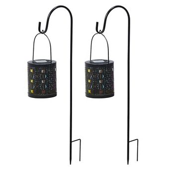 Glitzhome Set of 2 Metal Cutout Pattern Solar Powered Lantern with LED Light