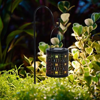 Glitzhome Set of 2 Metal Cutout Pattern Solar Powered Lantern with LED Light