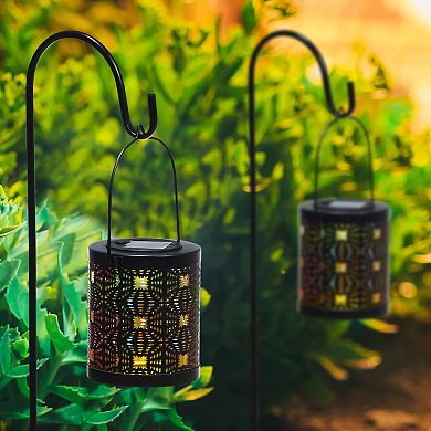 Glitzhome Set of 2 Metal Cutout Pattern Solar Powered Lantern with LED Light