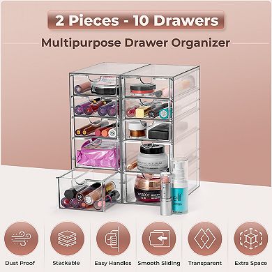 Sorbus 10 Drawers Acrylic Organizer - 2 Pcs Clear Stackable Storage Drawers
