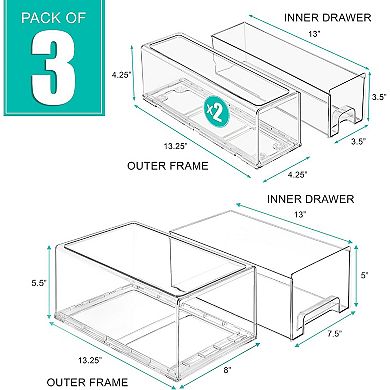 Sorbus 3 Piece (2 Small and 1 Large) Clear Stackable Pull-Out Drawers - Organization and Storage