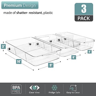 Sorbus 3 Piece Variety Size Pack Flat Clear Bins on Wheels with Dividers