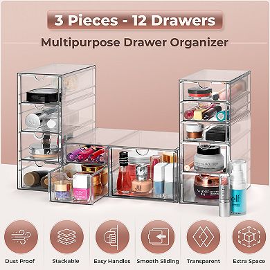 Sorbus 12 Drawers Acrylic Organizer - 3 Pcs Clear Stackable Storage Drawers