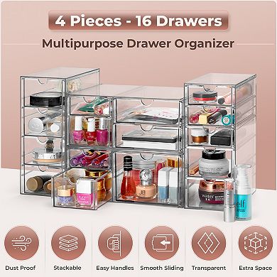 Sorbus 16 Drawers Acrylic Organizer - 4 Pcs Clear Stackable Storage Drawers