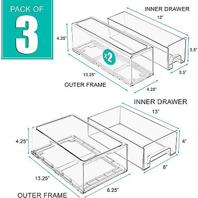 Sorbus 3 Piece (2 Small & 1 Medium) Clear Stackable Pull-Out Drawers - Organization and Storage