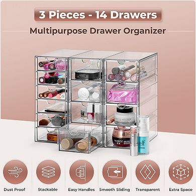 Sorbus 14 Drawers Acrylic Organizer - 3 Pcs Clear Stackable Storage Drawers