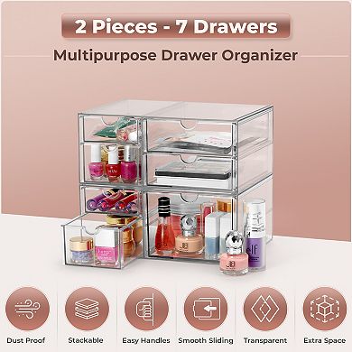 Sorbus 7 Drawers Acrylic Organizer - 2 Pcs Clear Stackable Storage Drawers
