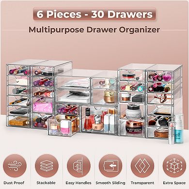 Sorbus 30 Drawers Acrylic Organizer - 6 Pcs Clear Stackable Storage Drawers