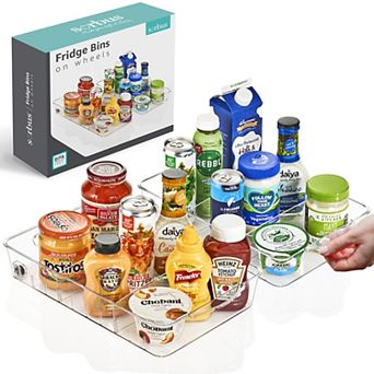 Sorbus 2 Pack Large Flat Clear Bins on Wheels with Dividers - for Kitchen, Pantry & Refrigerator