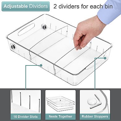 Sorbus 2 Pack Large Flat Clear Bins on Wheels with Dividers - for Kitchen, Pantry & Refrigerator