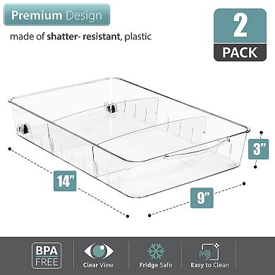 Sorbus 2 Pack Large Flat Clear Bins on Wheels with Dividers - for Kitchen, Pantry & Refrigerator