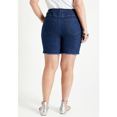June & Vie Women's Plus Size Raw Hem Curvie Fit Denim Shorts