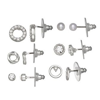 You're Invited Silver Tone 6-Pair Crystal & Simulated Pearl Circle Earring Set
