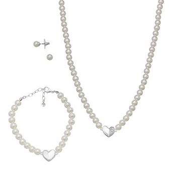 You're Invited Silver Tone Simulated Pearl Heart Necklace, Bracelet, & Earrings Set