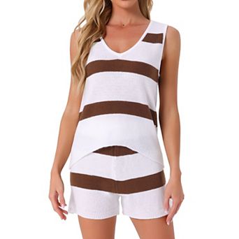 Women's Lounge Set Stripe Tank Top and Shorts V Neck Knit Pajama Set PJ Set