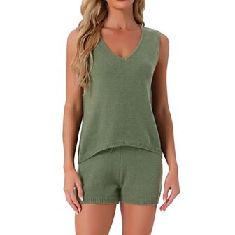 Women's Lounge Set Stripe Tank Top and Shorts V Neck Knit Pajama Set PJ Set
