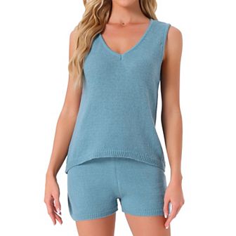 Women's Lounge Set Stripe Tank Top and Shorts V Neck Knit Pajama Set PJ Set