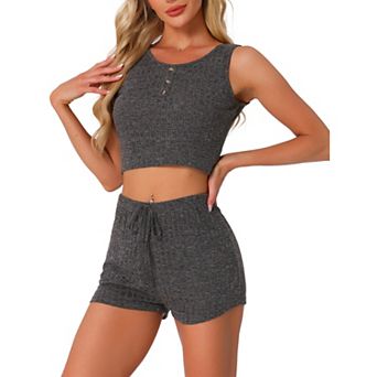 Womens Ribbed Knit Loungewear Sleepwear 2 pc Tank Top with Shorts Pajama Sets