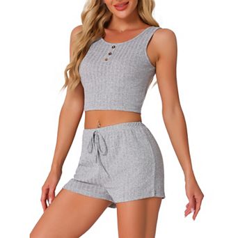 Womens Ribbed Knit Loungewear Sleepwear 2 pc Tank Top with Shorts Pajama Sets