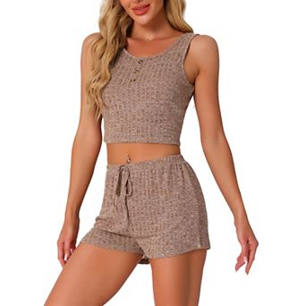Womens Ribbed Knit Loungewear Sleepwear 2 pc Tank Top with Shorts Pajama Sets