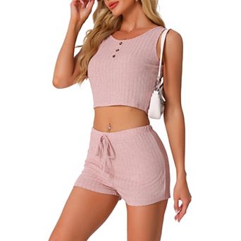 Womens Ribbed Knit Loungewear Sleepwear 2 pc Tank Top with Shorts Pajama Sets