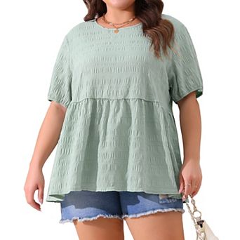 Plus Size Babydoll Tops for Women Crewneck Short Sleeve Shirts Top Loose Fit Blouse