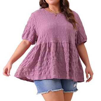 Plus Size Babydoll Tops for Women Crewneck Short Sleeve Shirts Top Loose Fit Blouse