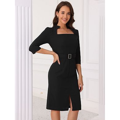 Pencil Dress for Women's 3/4 Sleeve Belted Slit Retro Business Sheath Dresses