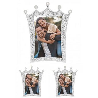 3 pc Pearl Picture Frame with Royal Crystal Decor Resin Photo Frames Silver 3" x 3"