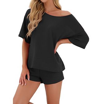 Women's Waffle Knit Pajama Round Neck Pjs Loungewear 2 pc Lounge Sets