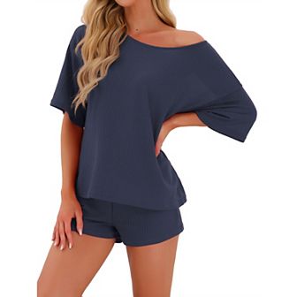 Women's Waffle Knit Pajama Round Neck Pjs Loungewear 2 pc Lounge Sets