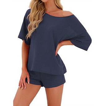 Women's Waffle Knit Pajama Round Neck Pjs Loungewear 2 pc Lounge Sets