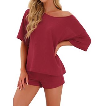 Women's Waffle Knit Pajama Round Neck Pjs Loungewear 2 pc Lounge Sets