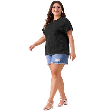 Women's Plus Size Short Sleeve Textured Tops Crewneck Knit Solid Loose Casual Basic T Shirts Blouses