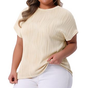 Women's Plus Size Short Sleeve Textured Tops Crewneck Knit Solid Loose Casual Basic T Shirts Blouses