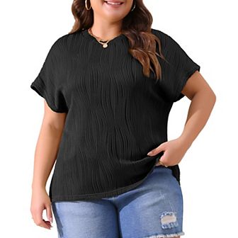 Women's Plus Size Short Sleeve Textured Tops Crewneck Knit Solid Loose Casual Basic T Shirts Blouses
