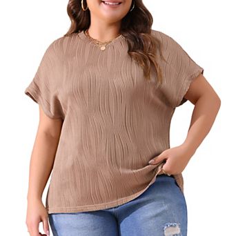 Women's Plus Size Short Sleeve Textured Tops Crewneck Knit Solid Loose Casual Basic T Shirts Blouses