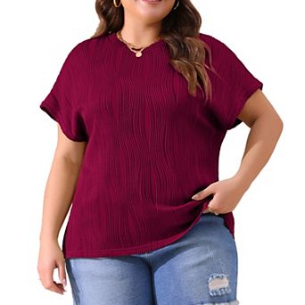 Women's Plus Size Short Sleeve Textured Tops Crewneck Knit Solid Loose Casual Basic T Shirts Blouses