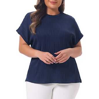 Women's Plus Size Short Sleeve Textured Tops Crewneck Knit Solid Loose Casual Basic T Shirts Blouses