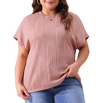 Women's Plus Size Short Sleeve Textured Tops Crewneck Knit Solid Loose Casual Basic T Shirts Blouses