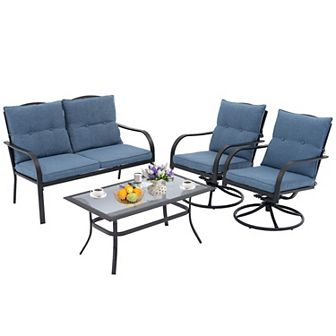 Patio 4 pc Furniture Sets Outdoor Metal Swivel Chairs with Loveseat and Tempered-Glass Table