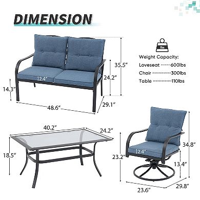 Patio 4 Pieces Furniture Sets Outdoor Metal Swivel Chairs with Loveseat and Tempered-Glass Table