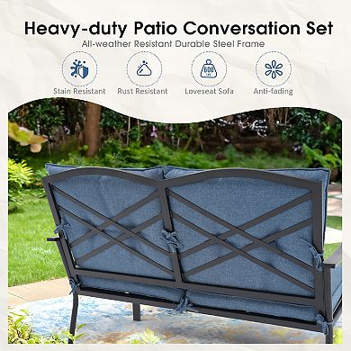 Patio 4 Pieces Furniture Sets Outdoor Metal Swivel Chairs with Loveseat and Tempered-Glass Table