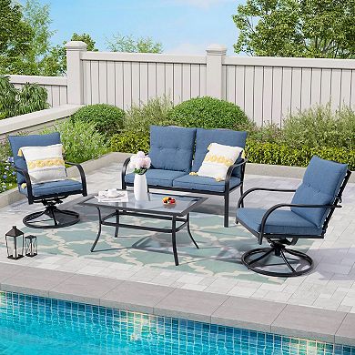 Patio 4 Pieces Furniture Sets Outdoor Metal Swivel Chairs with Loveseat and Tempered-Glass Table
