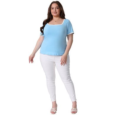 Plus Size Top for Women Square Neck Short Sleeve T Shirt Ribbed Color Block Slim Fit Knit Basic Tops